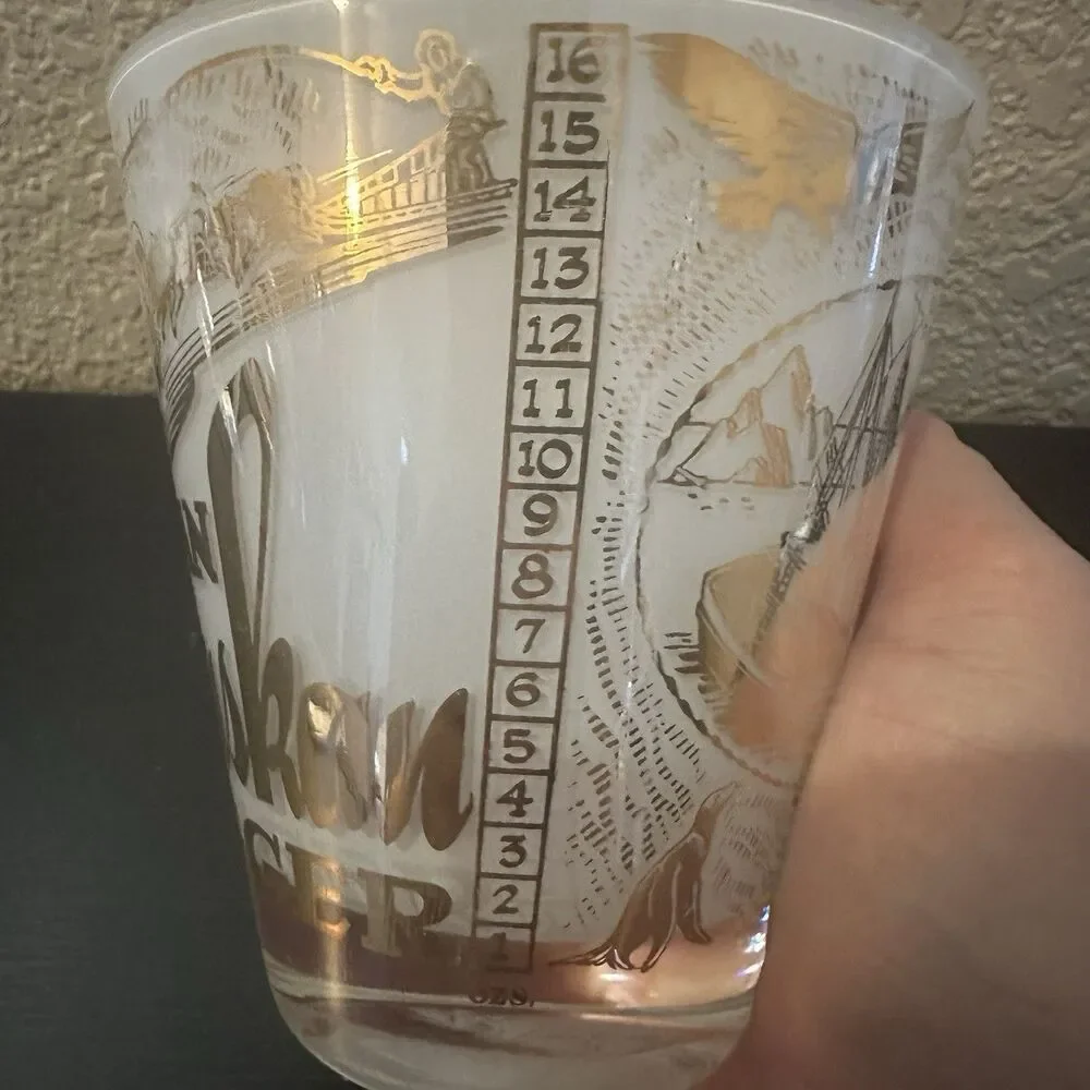 Vintage Frosted Glass 16 Oz Alaskan Jigger  Gold MCM Vintage 50s‎